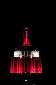 The Empire State Building is Red and Black, saluting the Louisville Cardinals.