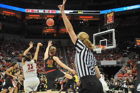 Shoni Schimmel for two over Maryland's Katie Rutan.