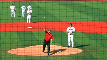 University of Louisville President Jim Ramsey throws out the first pitch in the UofL-Indiana baseball game. A little high but the pitch made it to the plate.