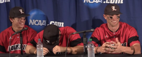 Cole Sturgeon (center) can't contain himself during a post-game press conference with Nick Solak and Zach Lucas.