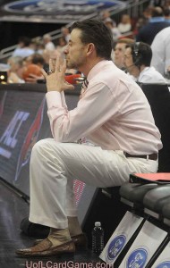 Rick Pitino contemplating a beatdown or a miracle as the second half begins.  The white coat was history.