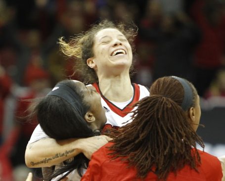 No one plays harder during a game or celebrates as much Briahanna Jackson after a Louisville win over Kentucky (Cindy Rice Shelton photo).